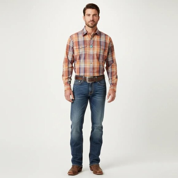 Cinch Other - Cinch Men's Red Orange Plaid Long Sleeve Button Down Front Shirt Size Medium